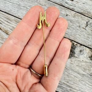 Vintage Jewelry Letter M Gold Tone Brooch Pin Letter M stick pin